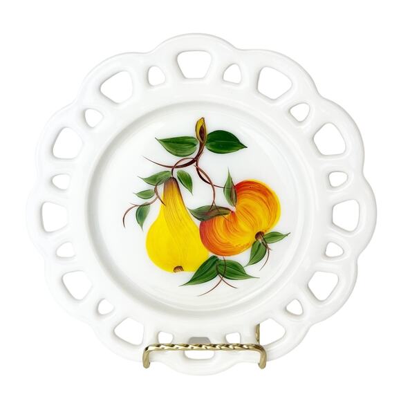 Vintage Milk Glass Lace Edge Hand painted Fruit Pear Peach 8 inch Dessert Plate - Picture 1 of 5